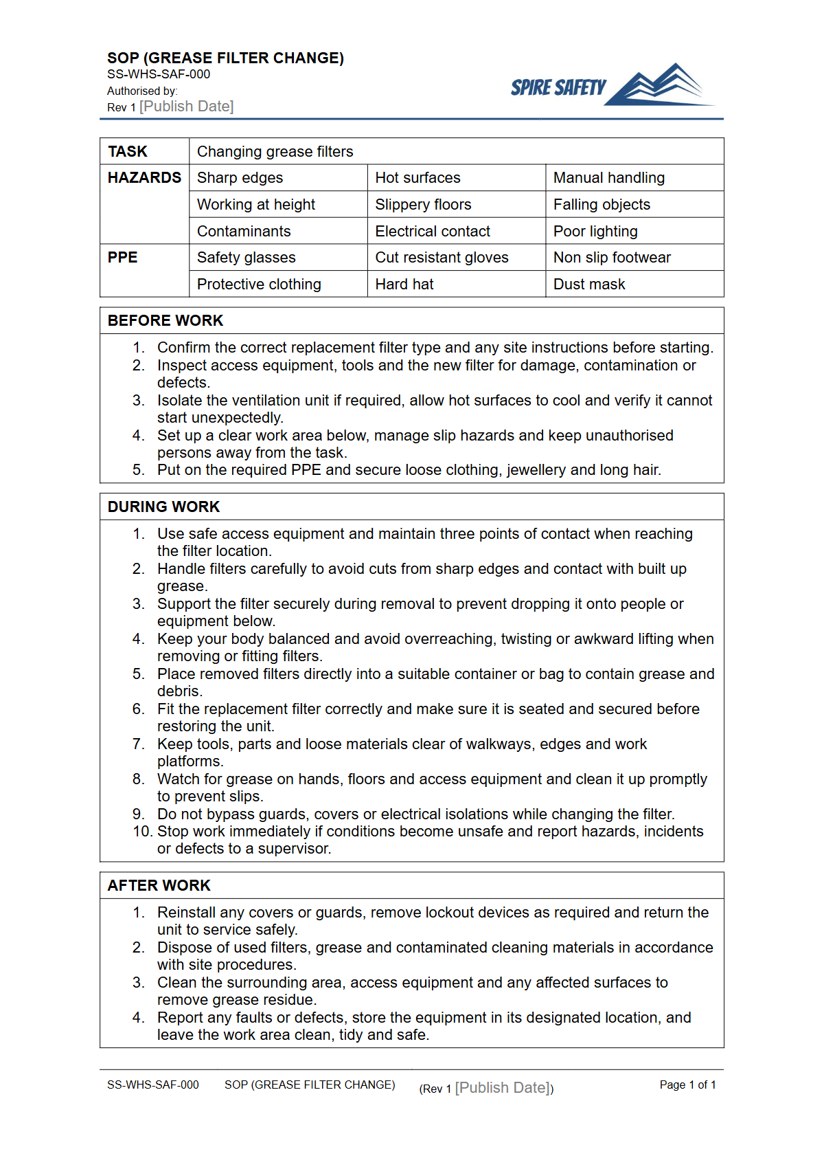 Free Safe Operating Procedure (Grease Filter Change) Template — document preview