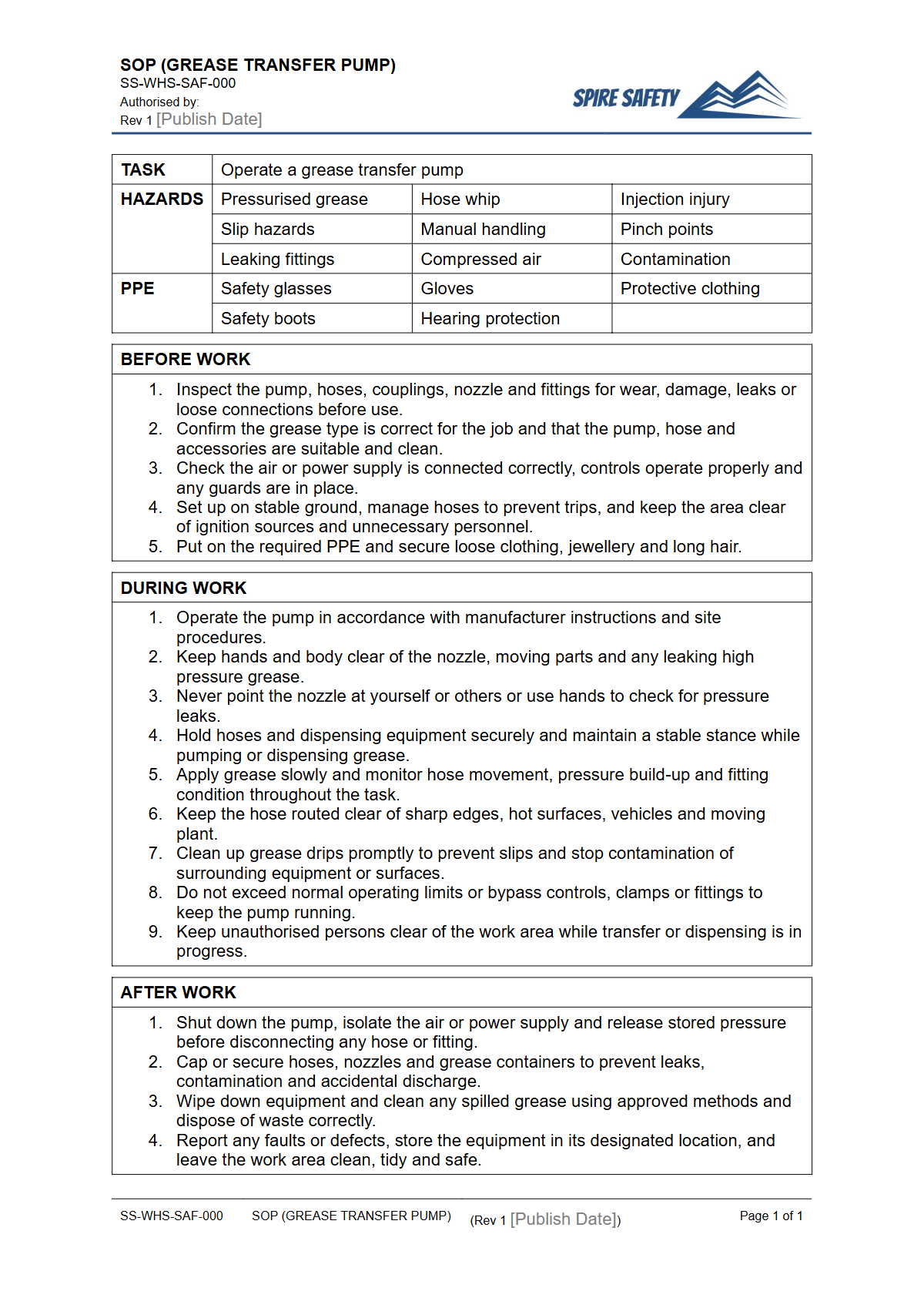 Free Safe Operating Procedure (Grease Transfer Pump) Template — document preview