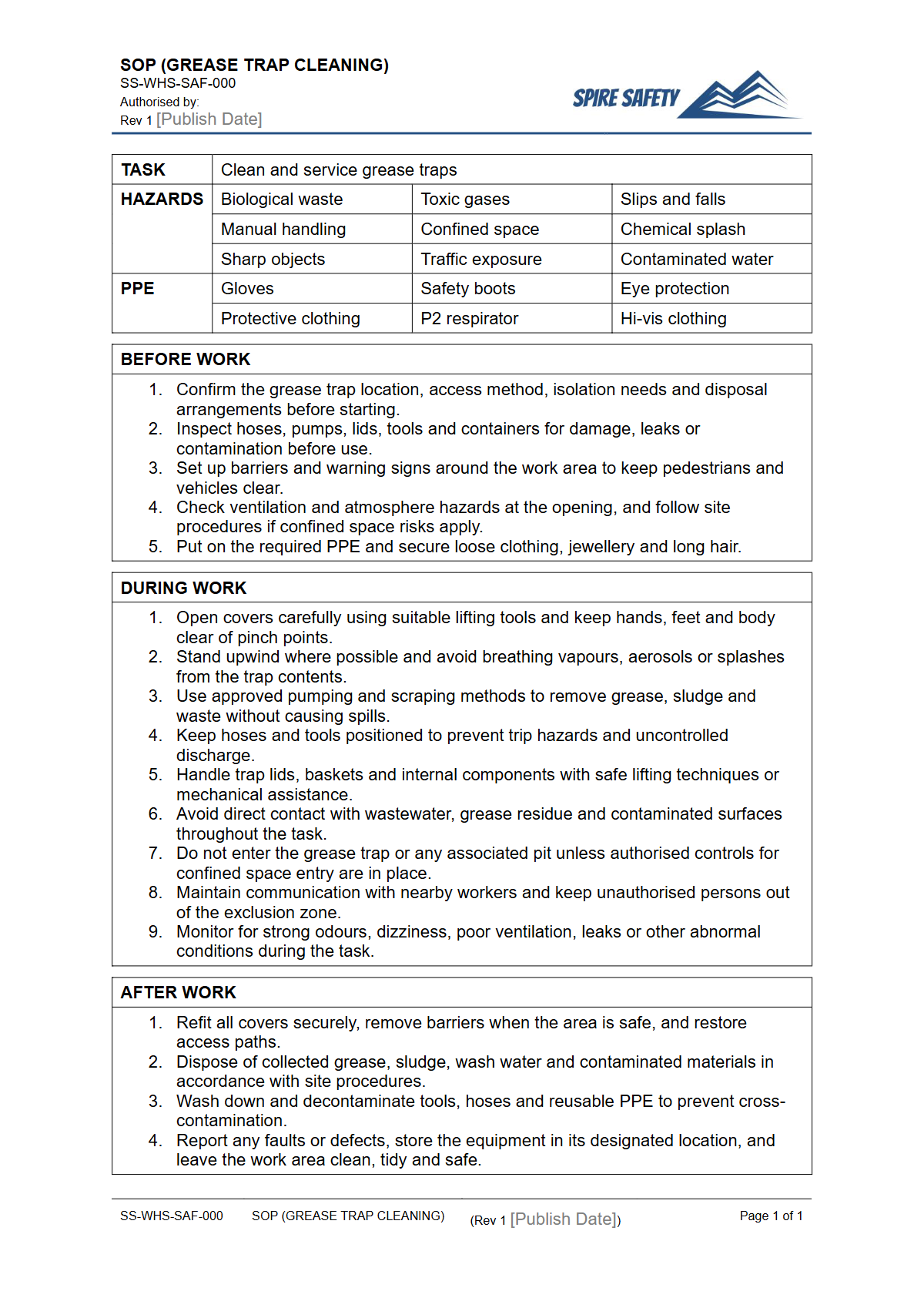 Free Safe Operating Procedure (Grease Trap Cleaning) Template — document preview