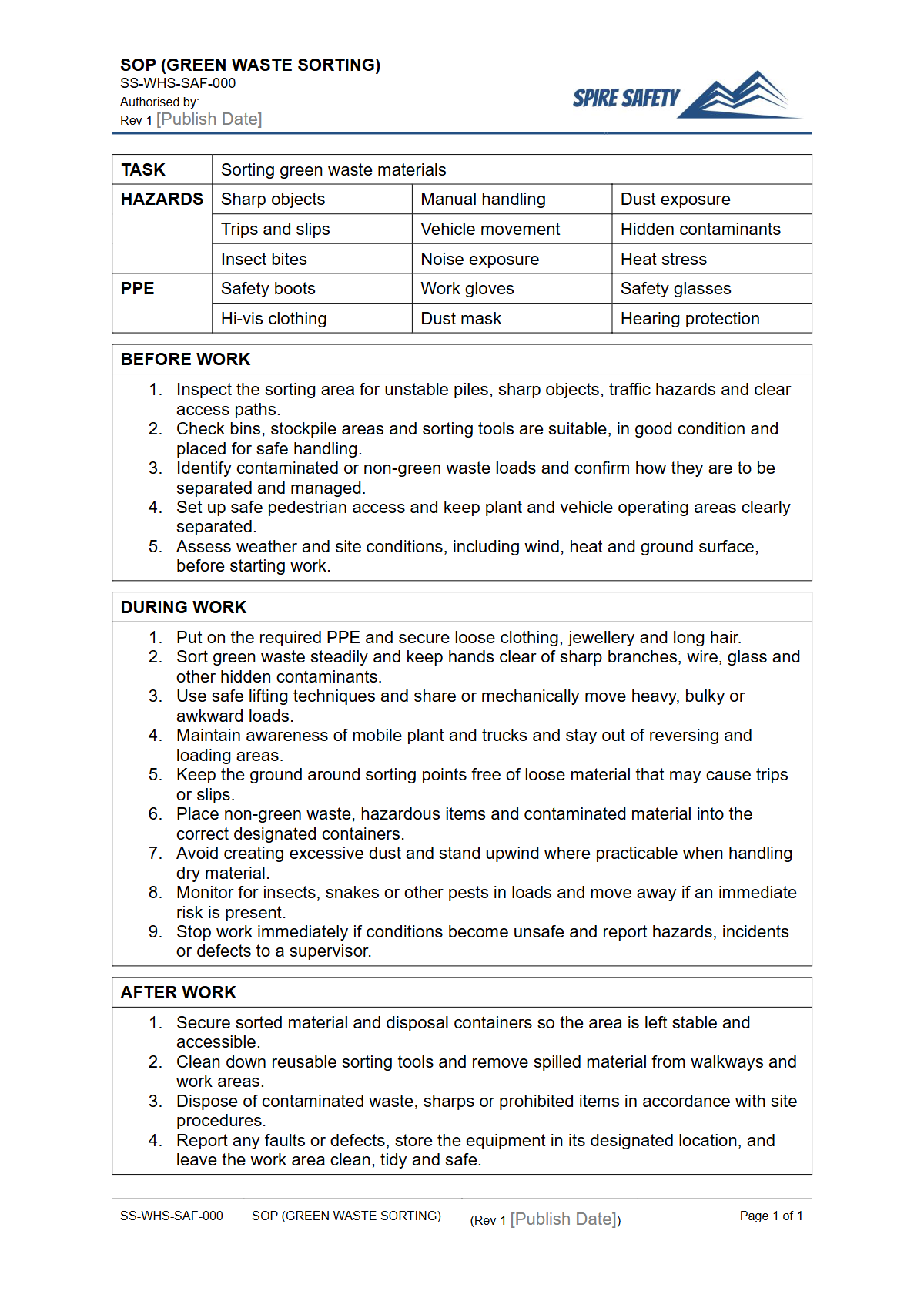 Free Safe Operating Procedure (Green Waste Sorting) Template — document preview