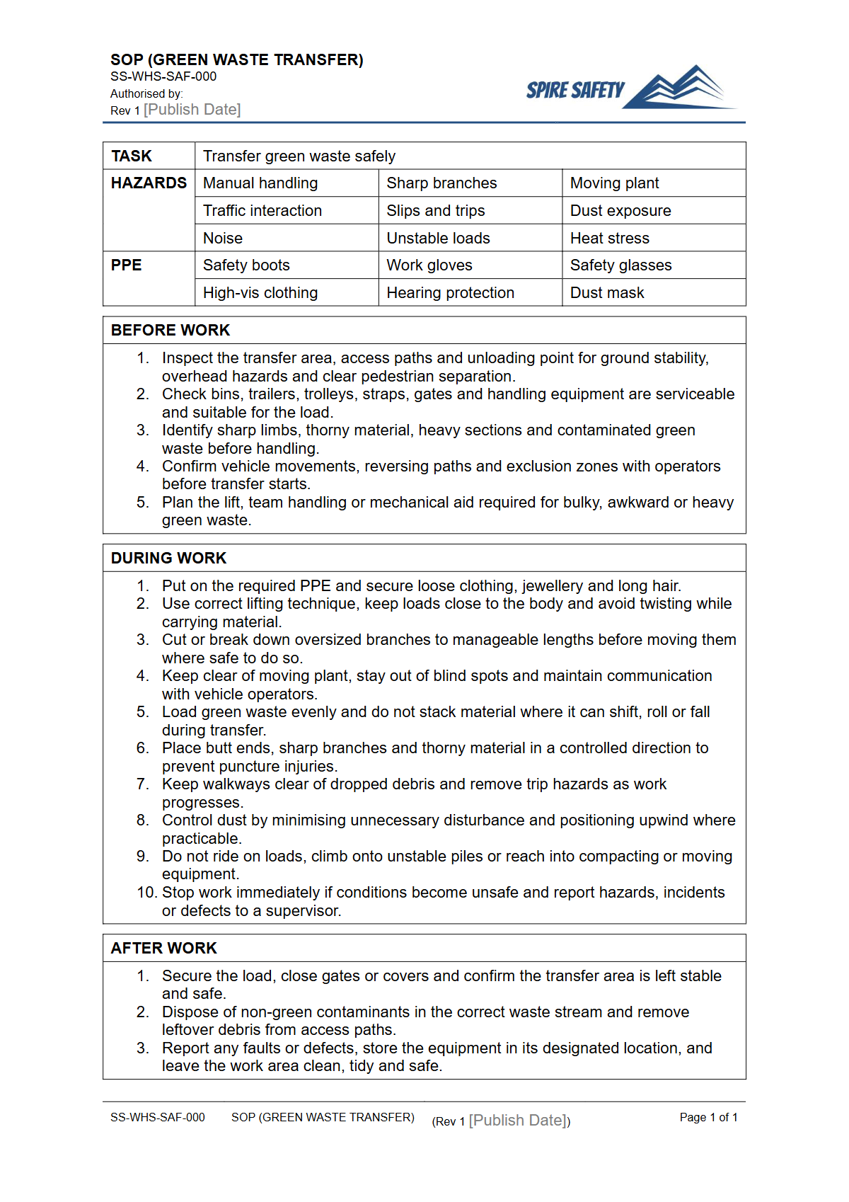 Free Safe Operating Procedure (Green Waste Transfer) Template — document preview