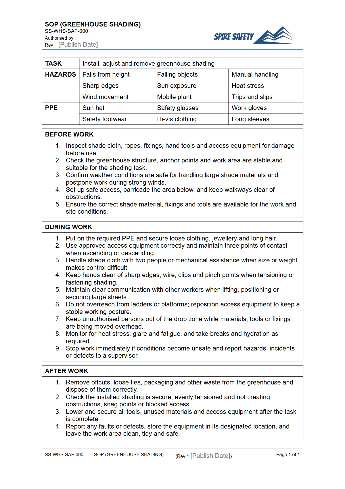 Free Safe Operating Procedure (Greenhouse Shading) Template — document preview