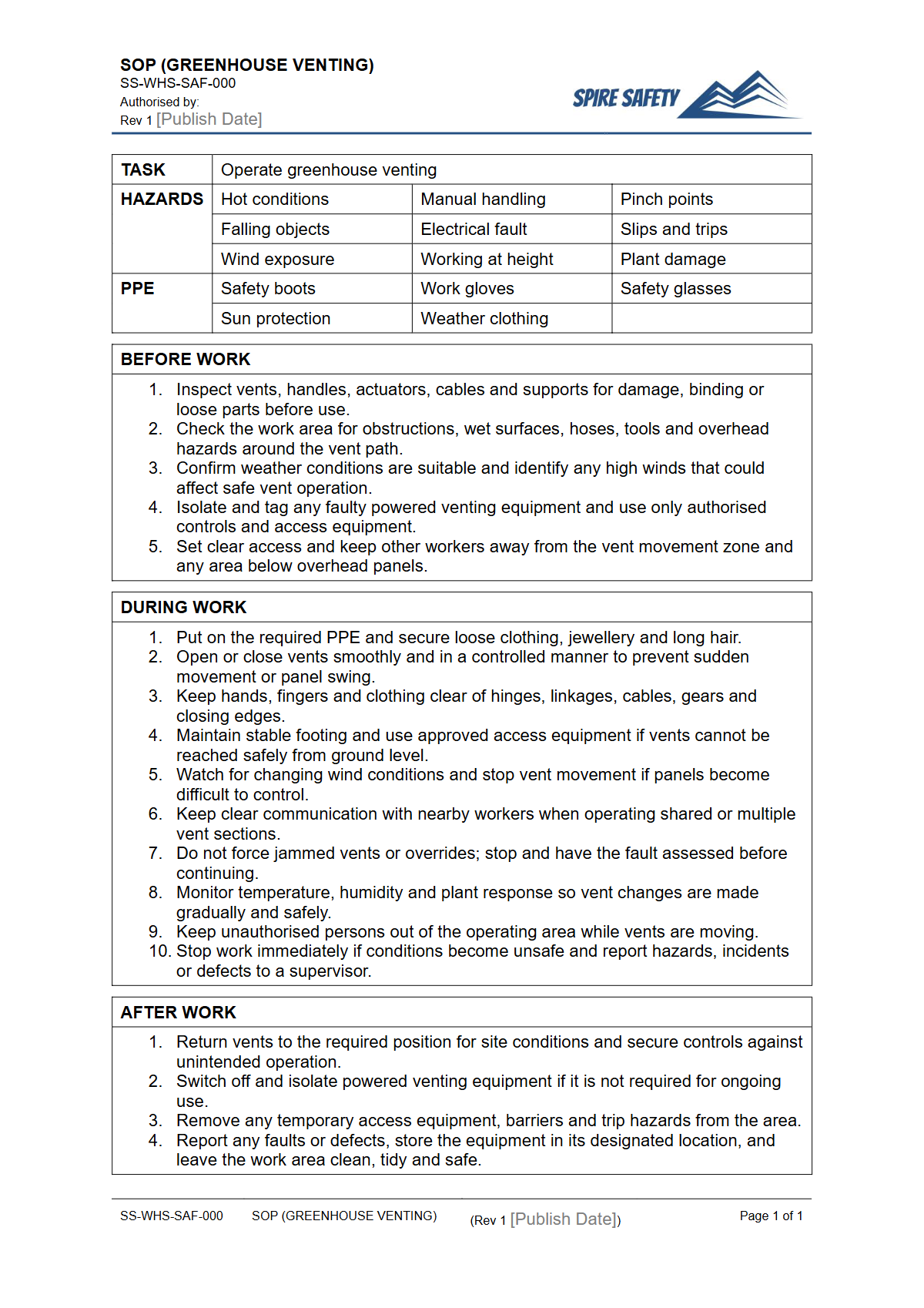 Free Safe Operating Procedure (Greenhouse Venting) Template — document preview