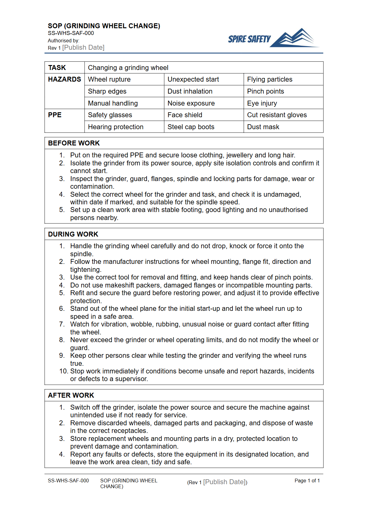 Free Safe Operating Procedure (Grinding Wheel Change) Template — document preview