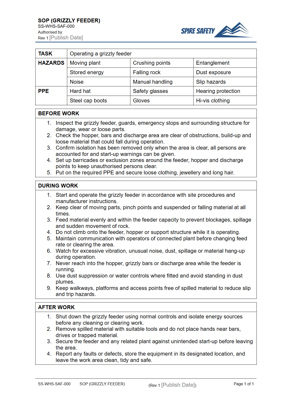 Free Safe Operating Procedure (Grizzly Feeder) Template — document preview