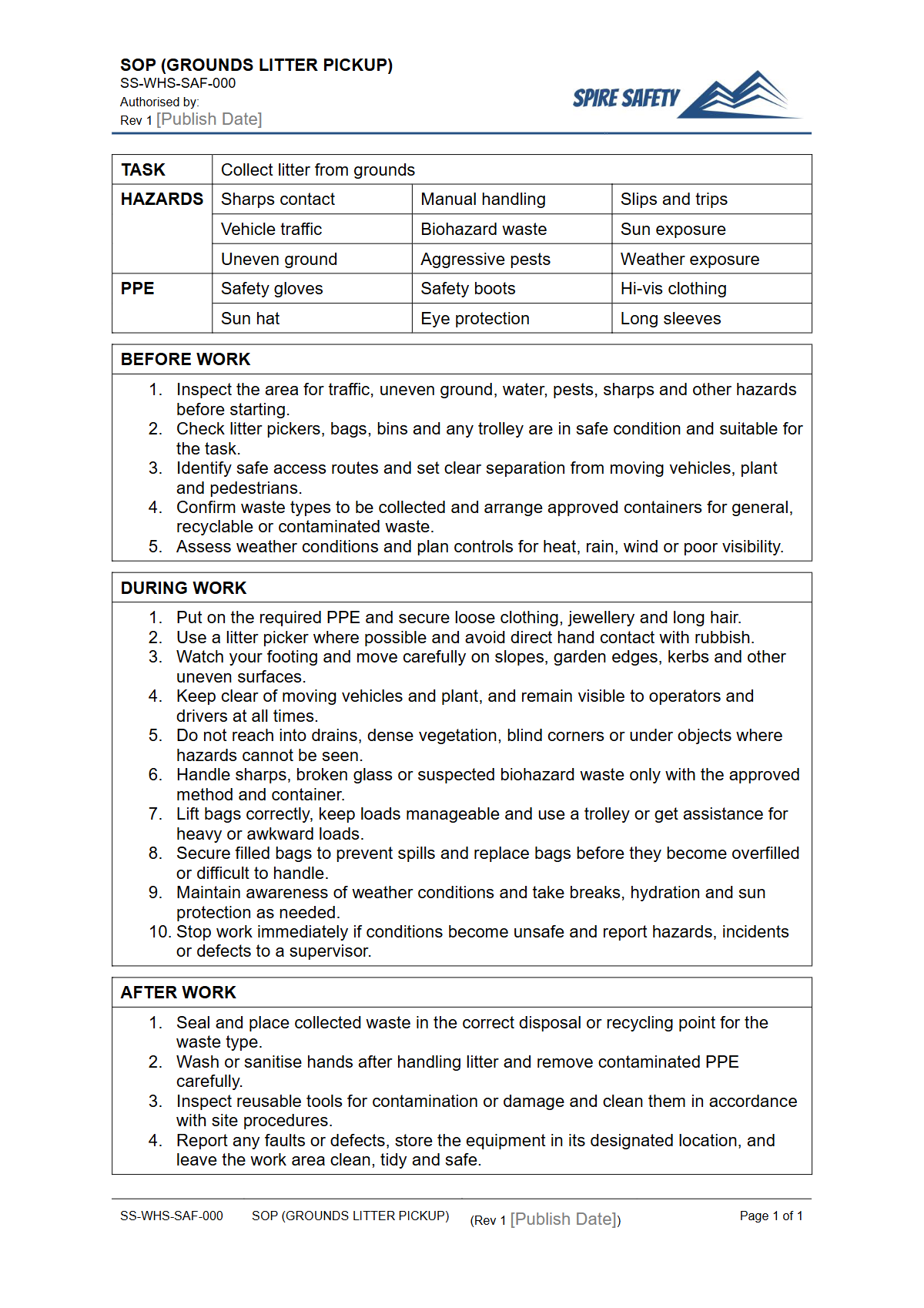 Free Safe Operating Procedure (Grounds Litter Pickup) Template — document preview