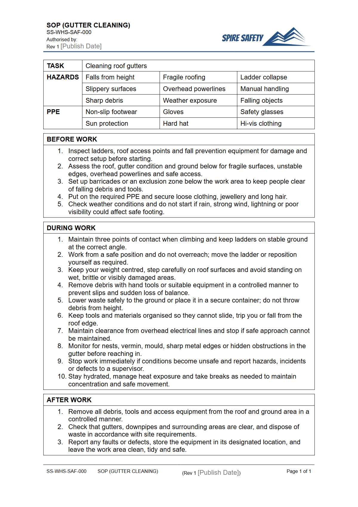 Free Safe Operating Procedure (Gutter Cleaning) Template — document preview
