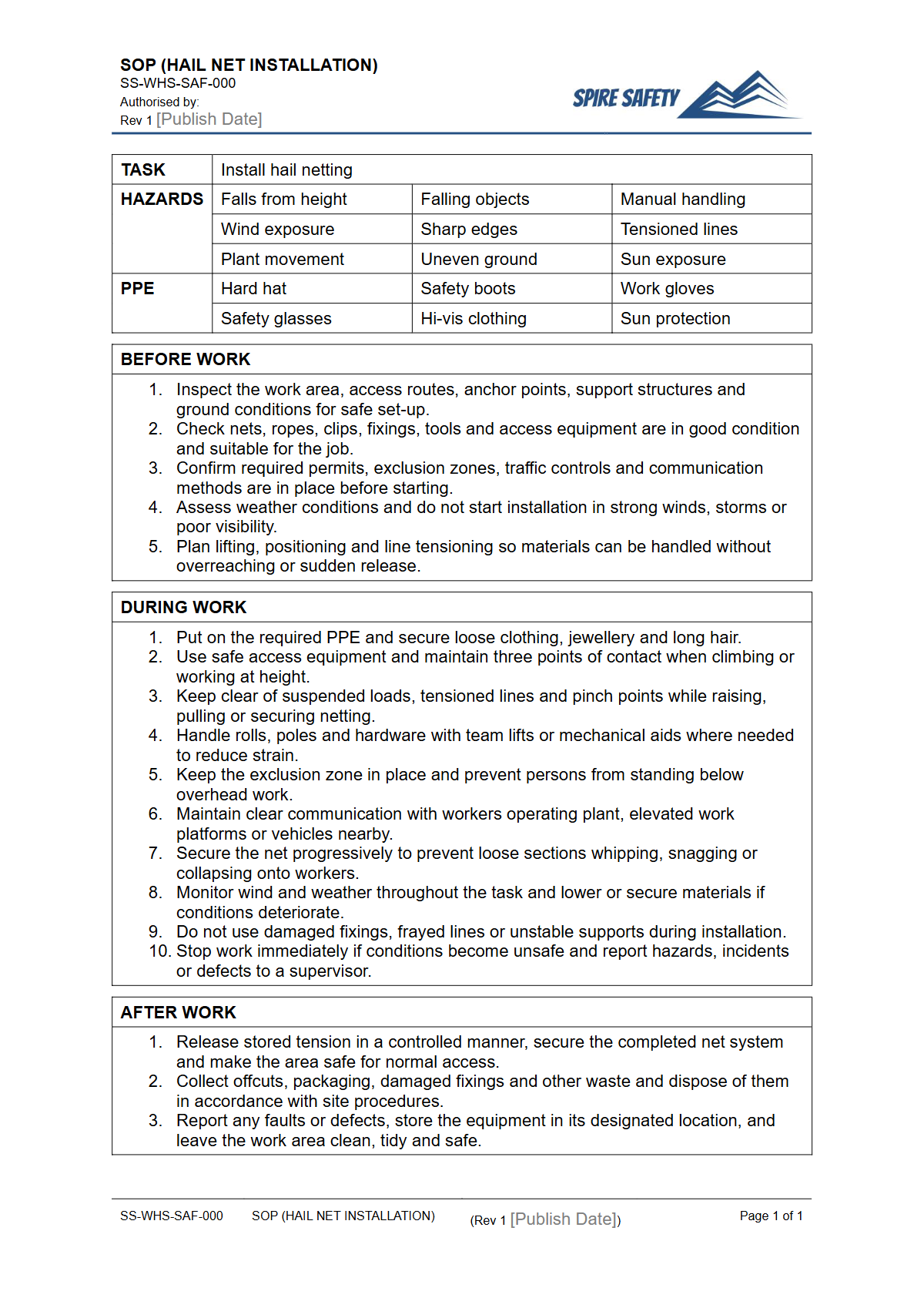 Free Safe Operating Procedure (Hail Net Installation) Template — document preview