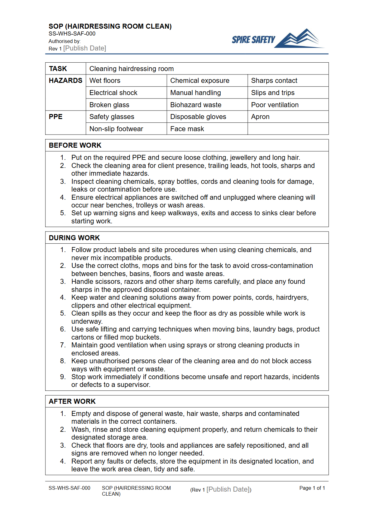 Free Safe Operating Procedure (Hairdressing Room Clean) Template — document preview