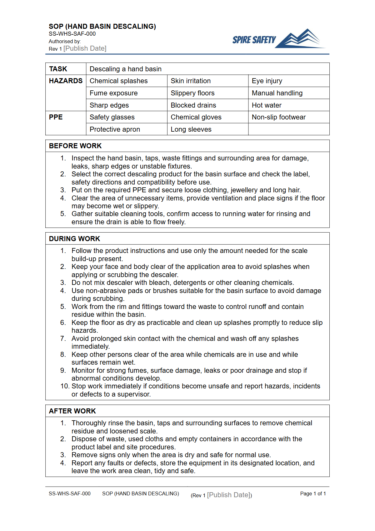 Free Safe Operating Procedure (Hand Basin Descaling) Template — document preview