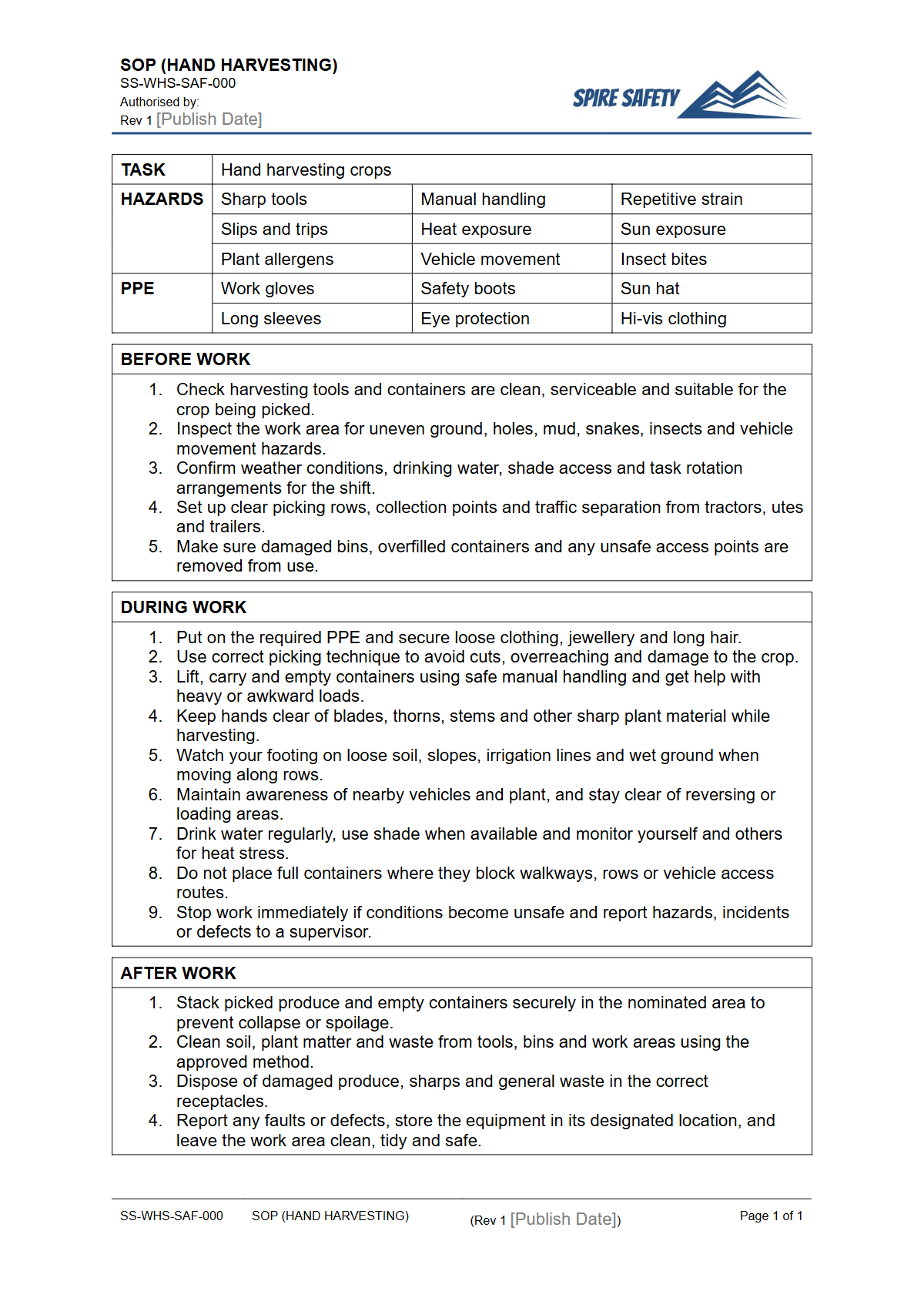 Free Safe Operating Procedure (Hand Harvesting) Template — document preview