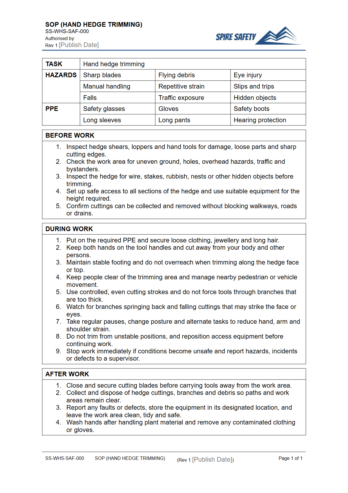 Free Safe Operating Procedure (Hand Hedge Trimming) Template — document preview