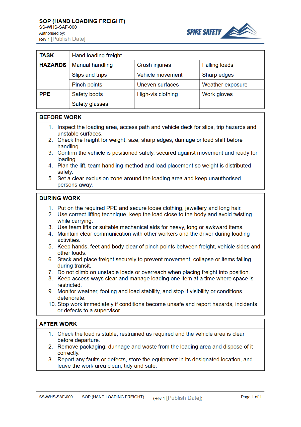 Free Safe Operating Procedure (Hand Loading Freight) Template — document preview