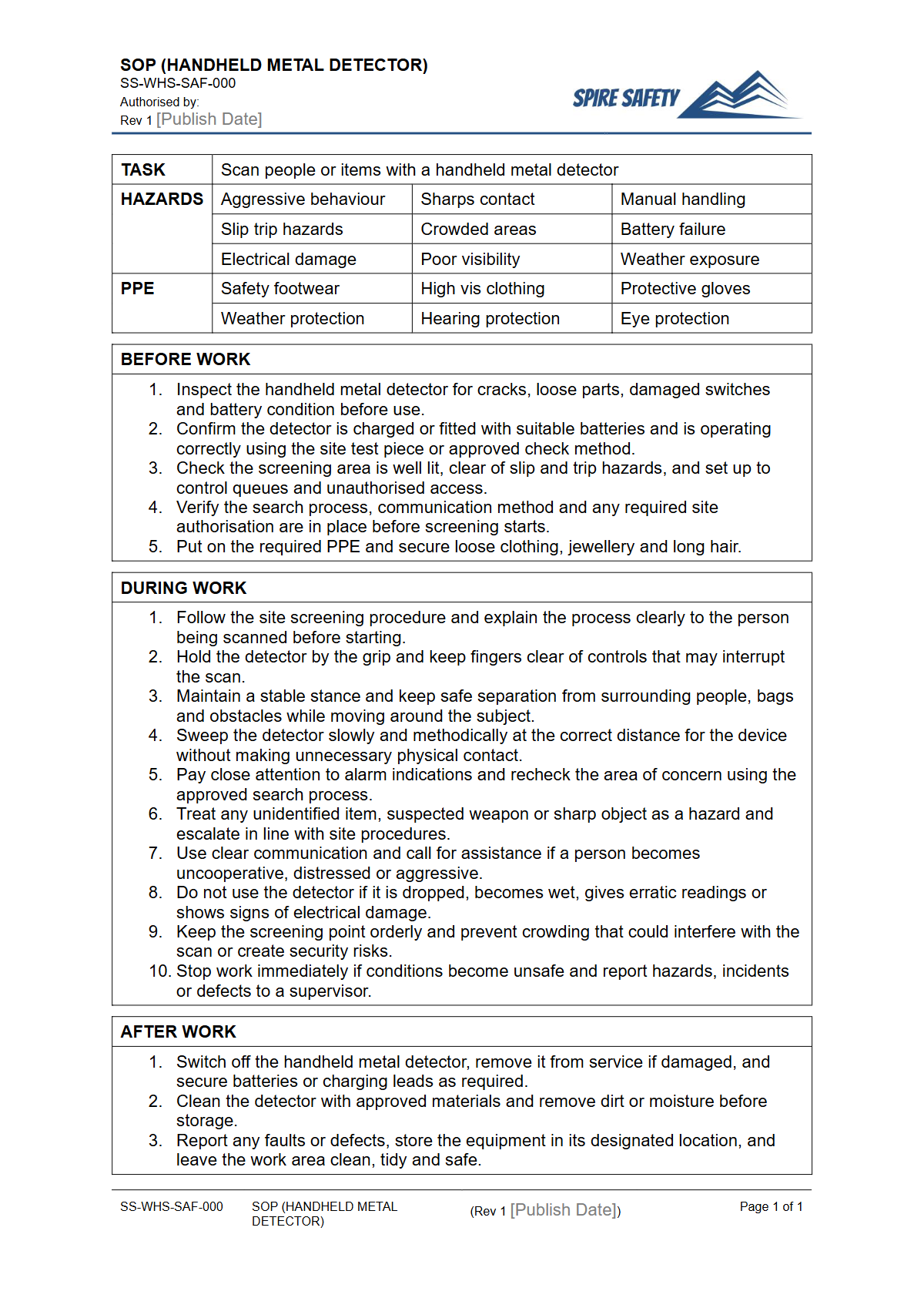 Free Safe Operating Procedure (Handheld Metal Detector) Template — document preview