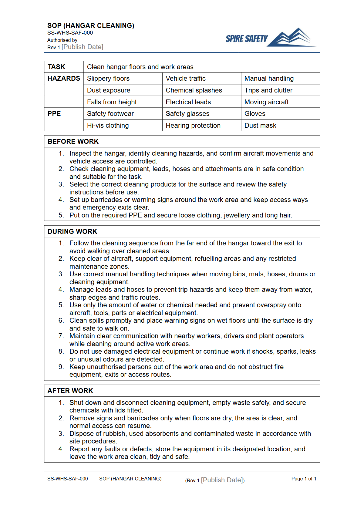 Free Safe Operating Procedure (Hangar Cleaning) Template — document preview