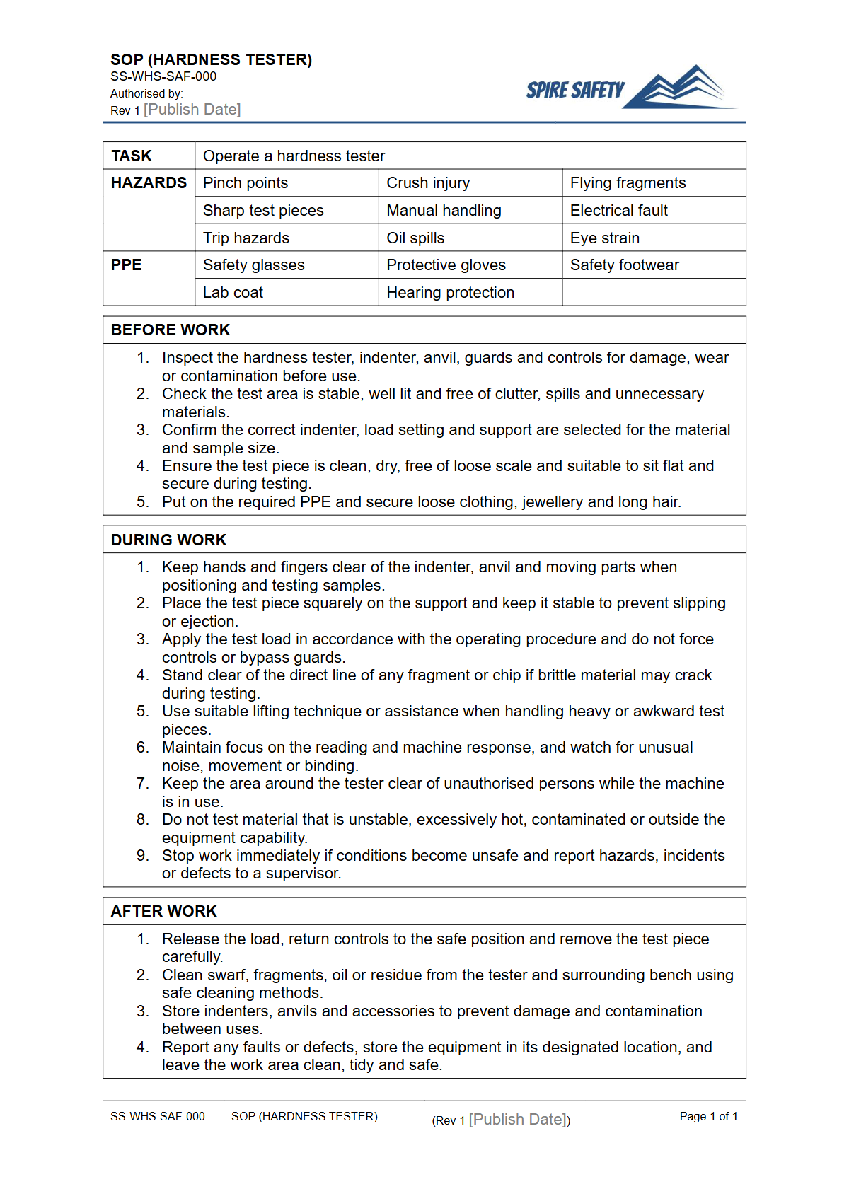 Free Safe Operating Procedure (Hardness Tester) Template — document preview