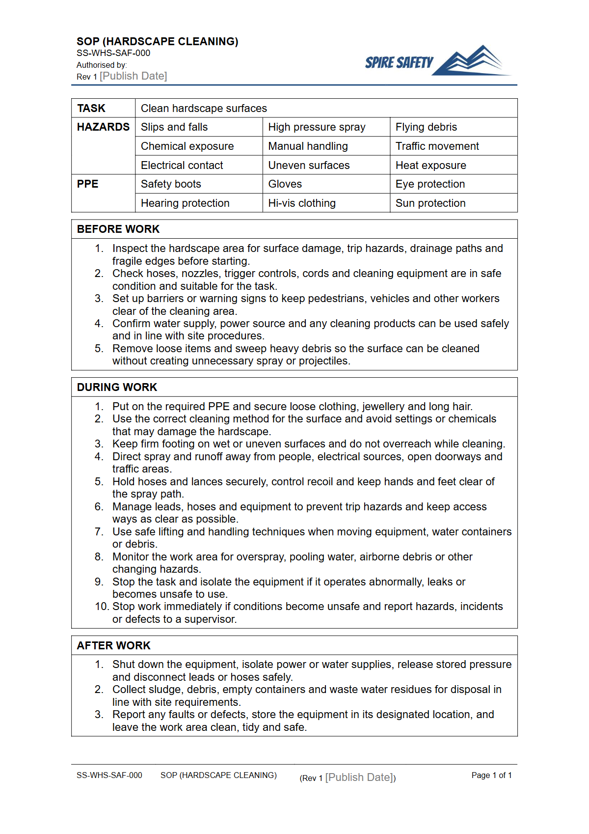 Free Safe Operating Procedure (Hardscape Cleaning) Template — document preview