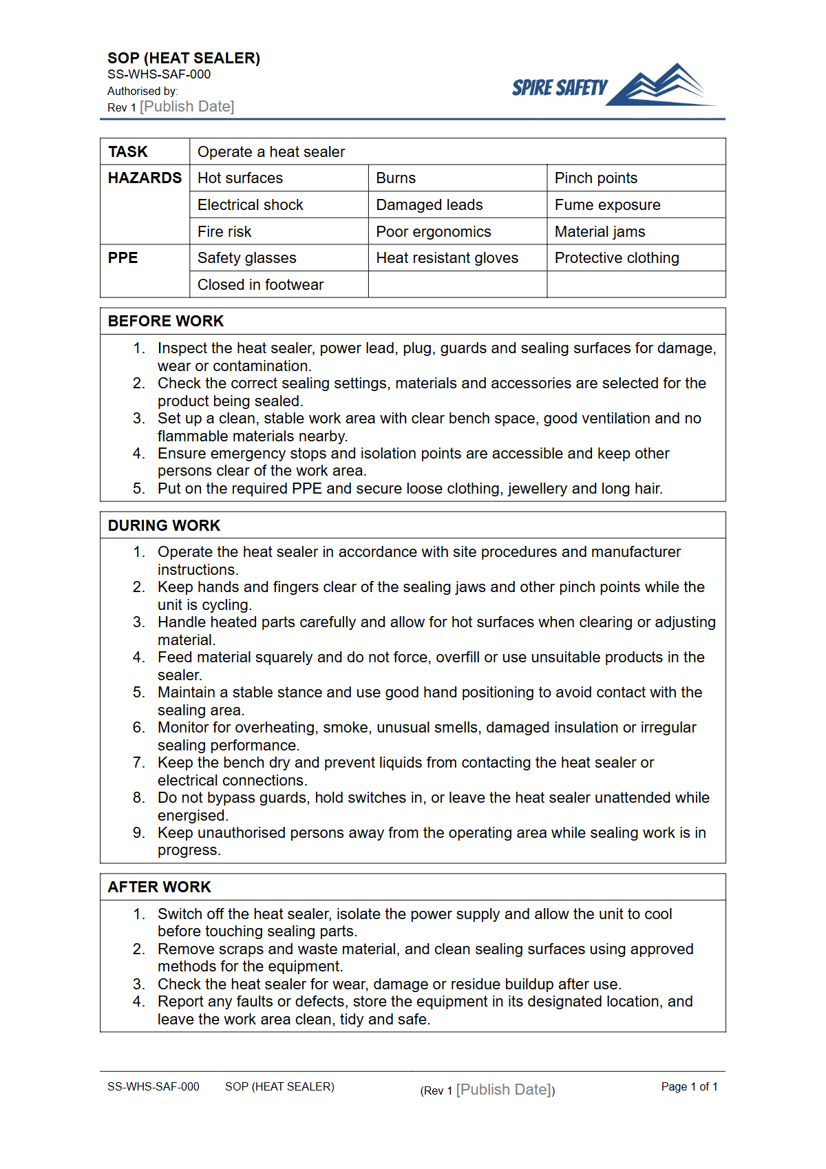 Free Safe Operating Procedure (Heat Sealer) Template — document preview