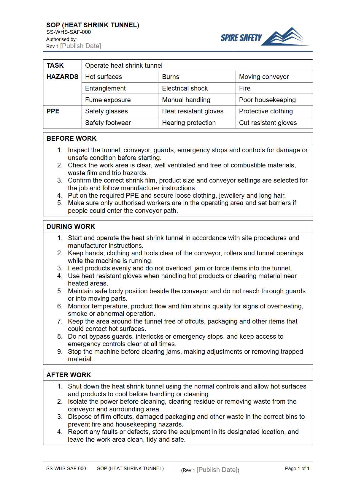 Free Safe Operating Procedure (Heat Shrink Tunnel) Template — document preview