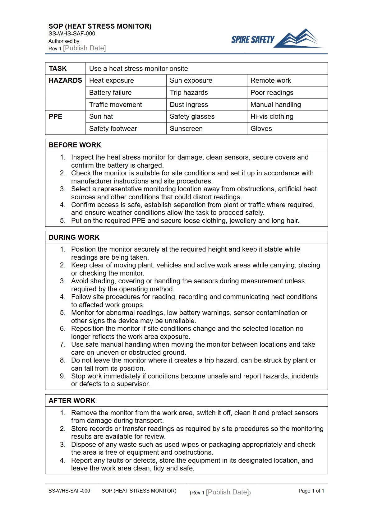 Free Safe Operating Procedure (Heat Stress Monitor) Template — document preview