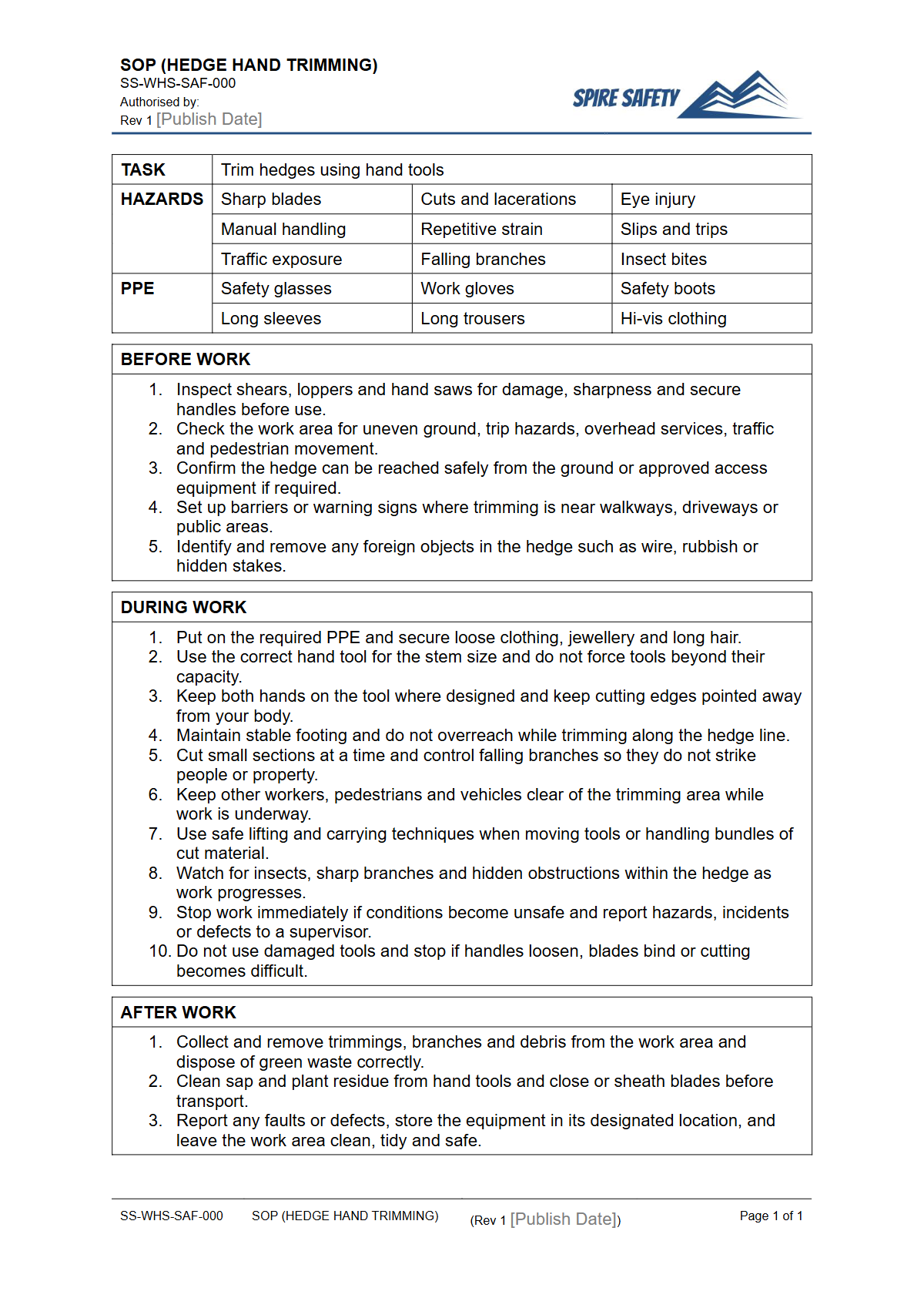 Free Safe Operating Procedure (Hedge Hand Trimming) Template — document preview