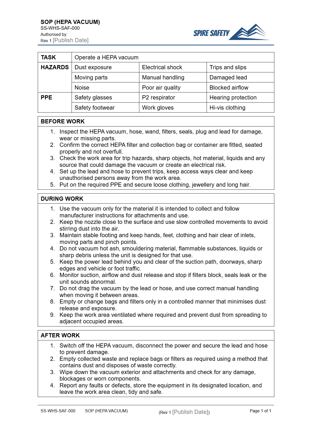 Free Safe Operating Procedure (HEPA Vacuum) Template — document preview