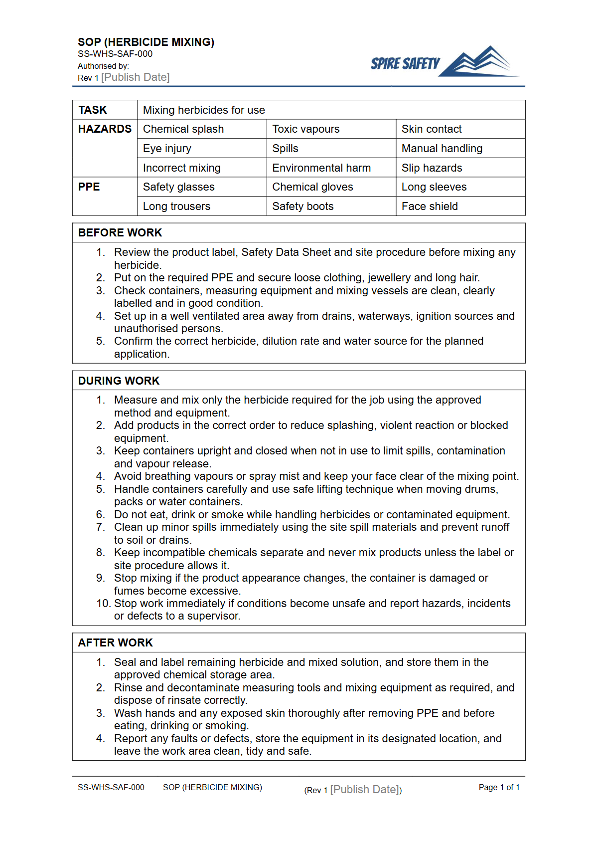 Free Safe Operating Procedure (Herbicide Mixing) Template — document preview