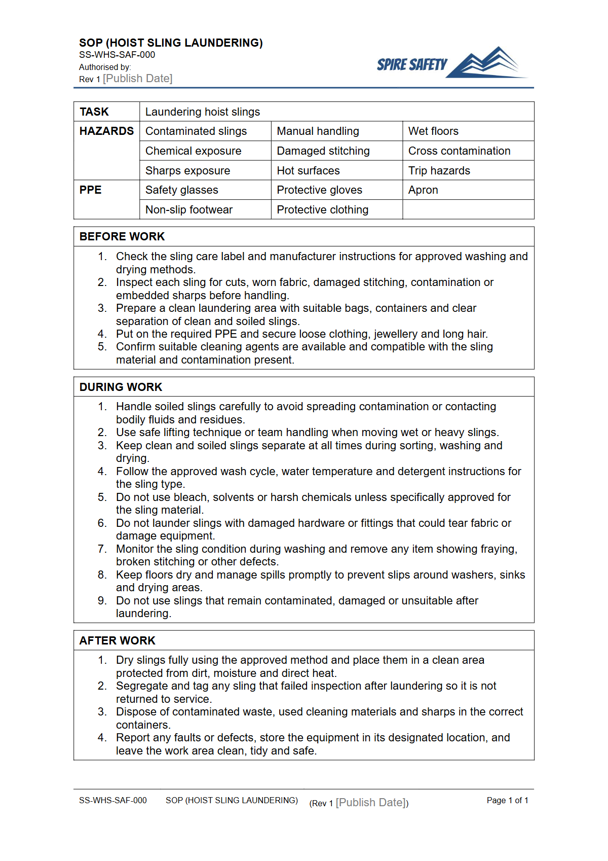 Free Safe Operating Procedure (Hoist Sling Laundering) Template — document preview