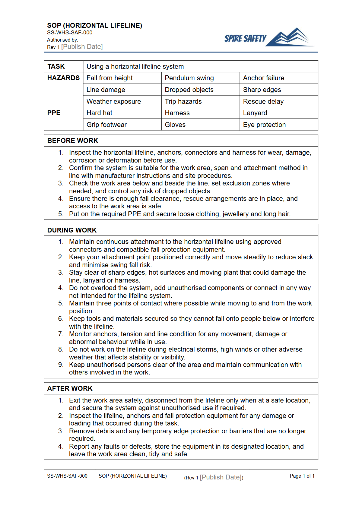 Free Safe Operating Procedure (Horizontal Lifeline) Template — document preview
