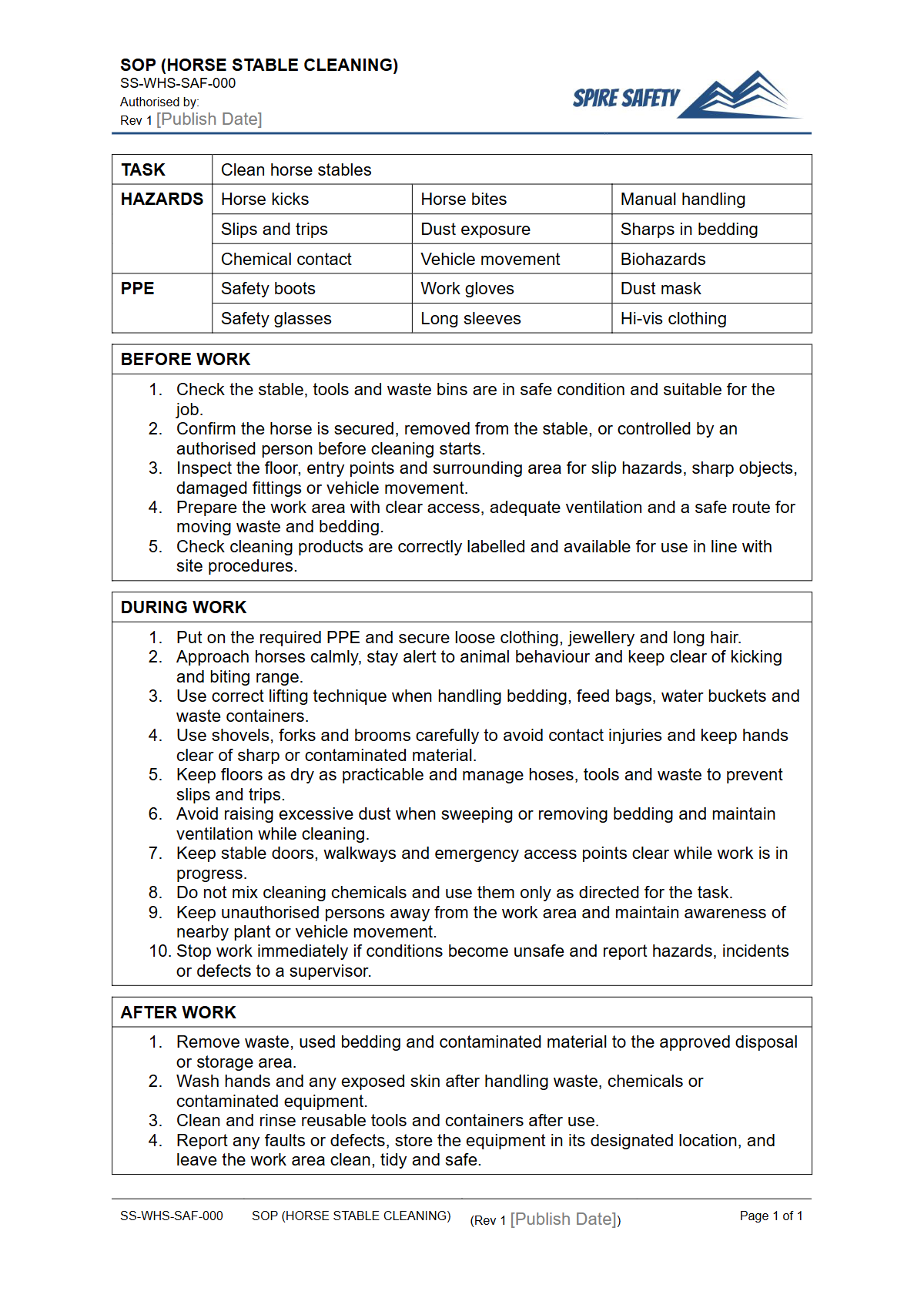 Free Safe Operating Procedure (Horse Stable Cleaning) Template — document preview