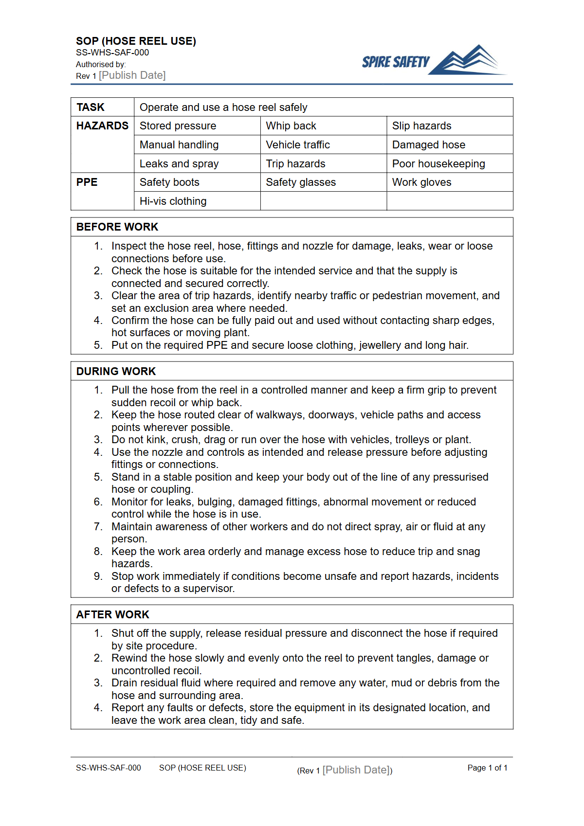 Free Safe Operating Procedure (Hose Reel Use) Template — document preview