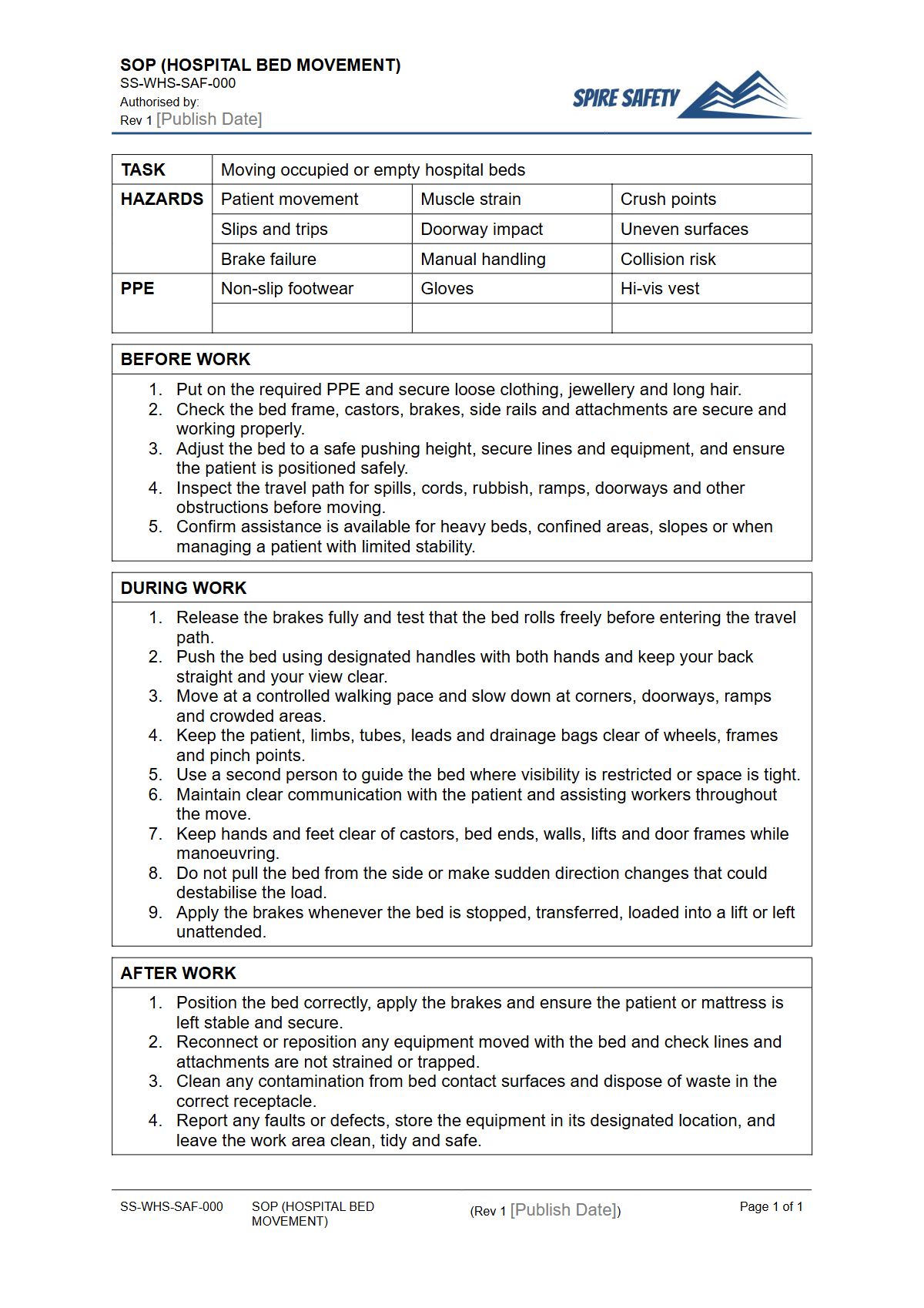 Free Safe Operating Procedure (Hospital Bed Movement) Template — document preview