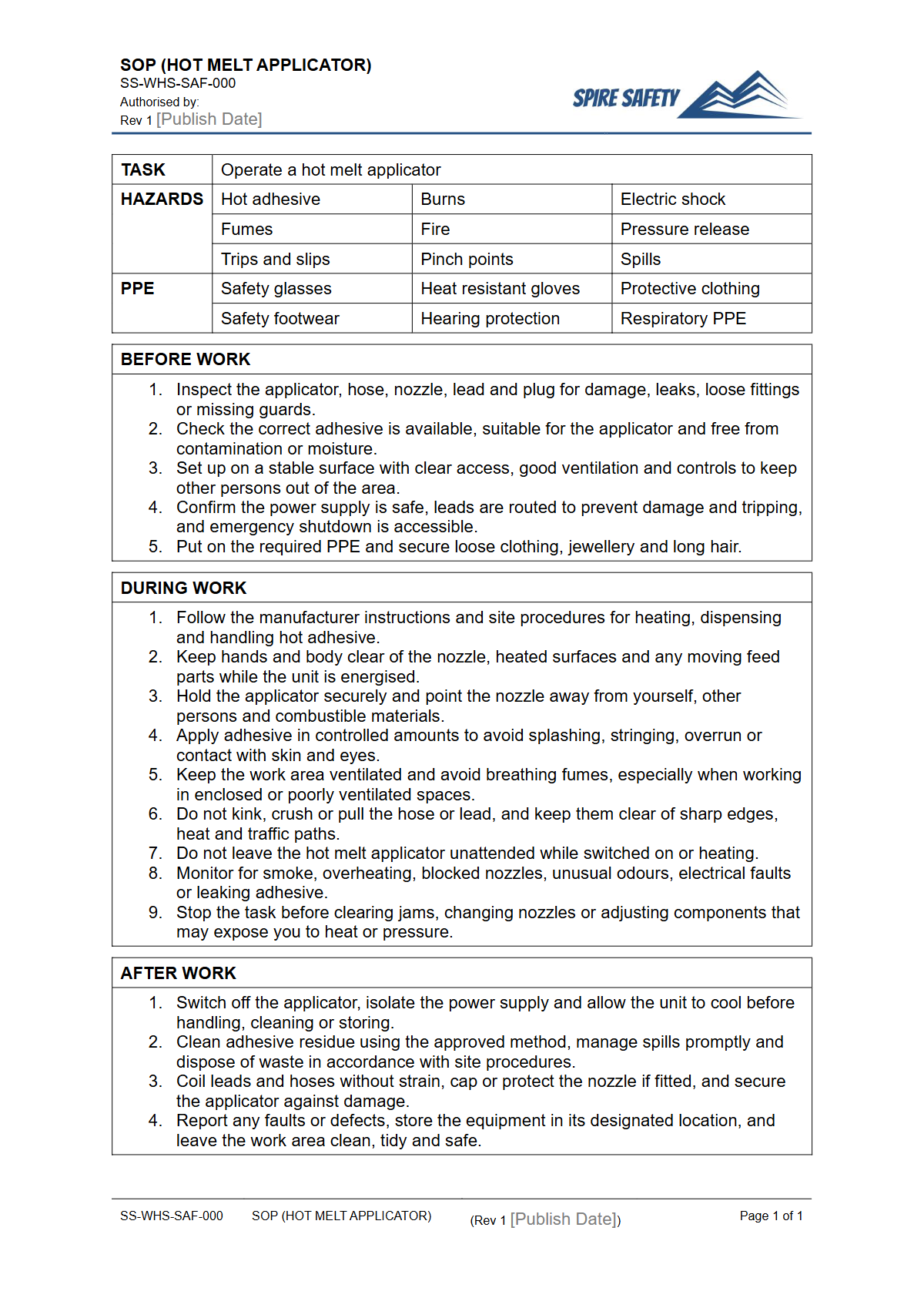 Free Safe Operating Procedure (Hot Melt Applicator) Template — document preview