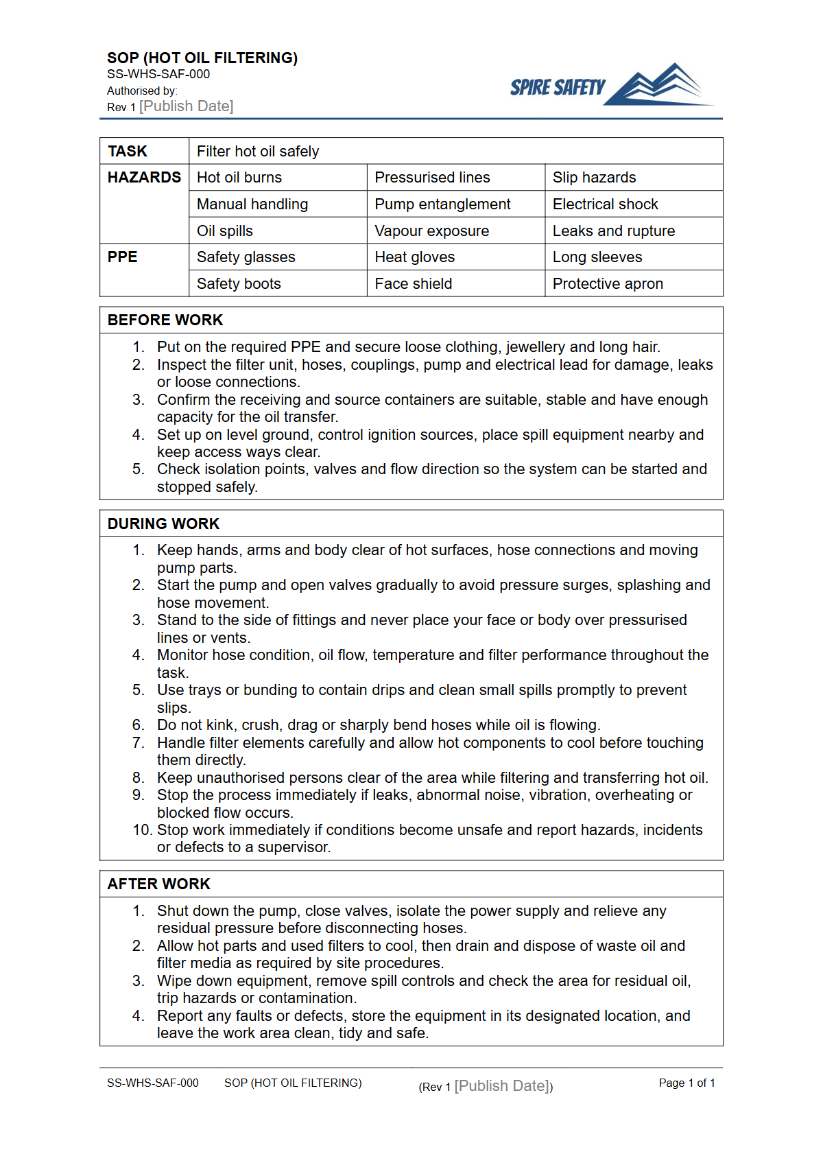 Free Safe Operating Procedure (Hot Oil Filtering) Template — document preview