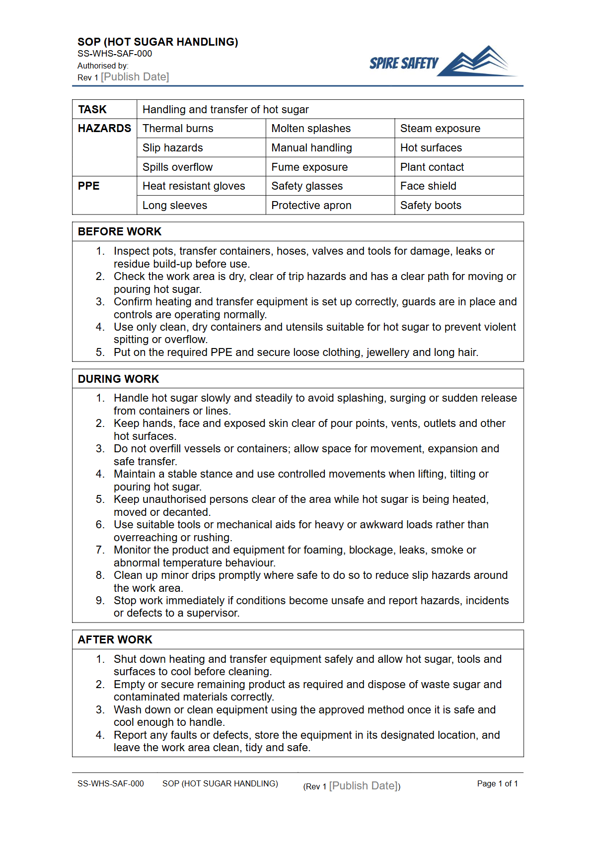 Free Safe Operating Procedure (Hot Sugar Handling) Template — document preview