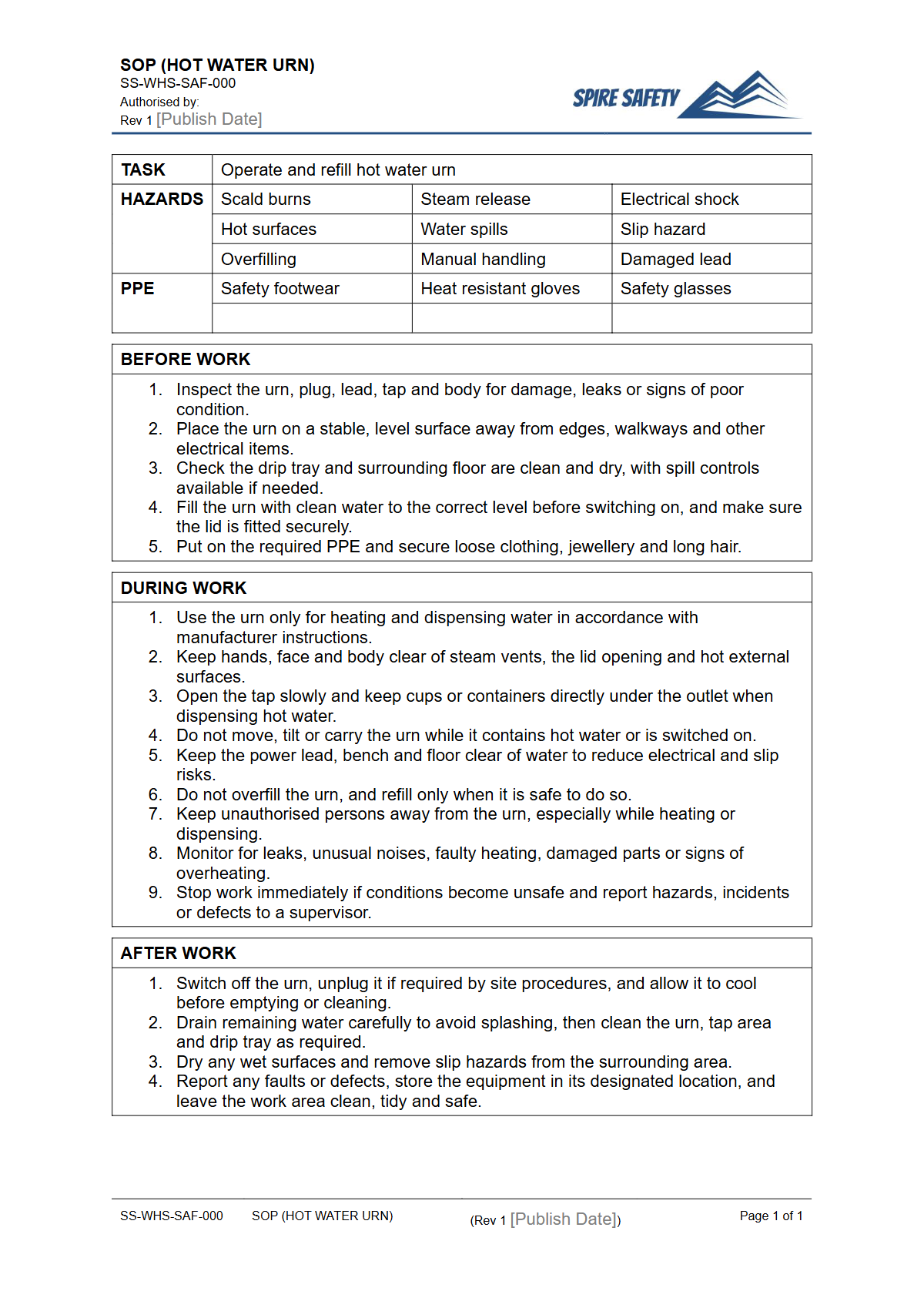 Free Safe Operating Procedure (Hot Water Urn) Template — document preview
