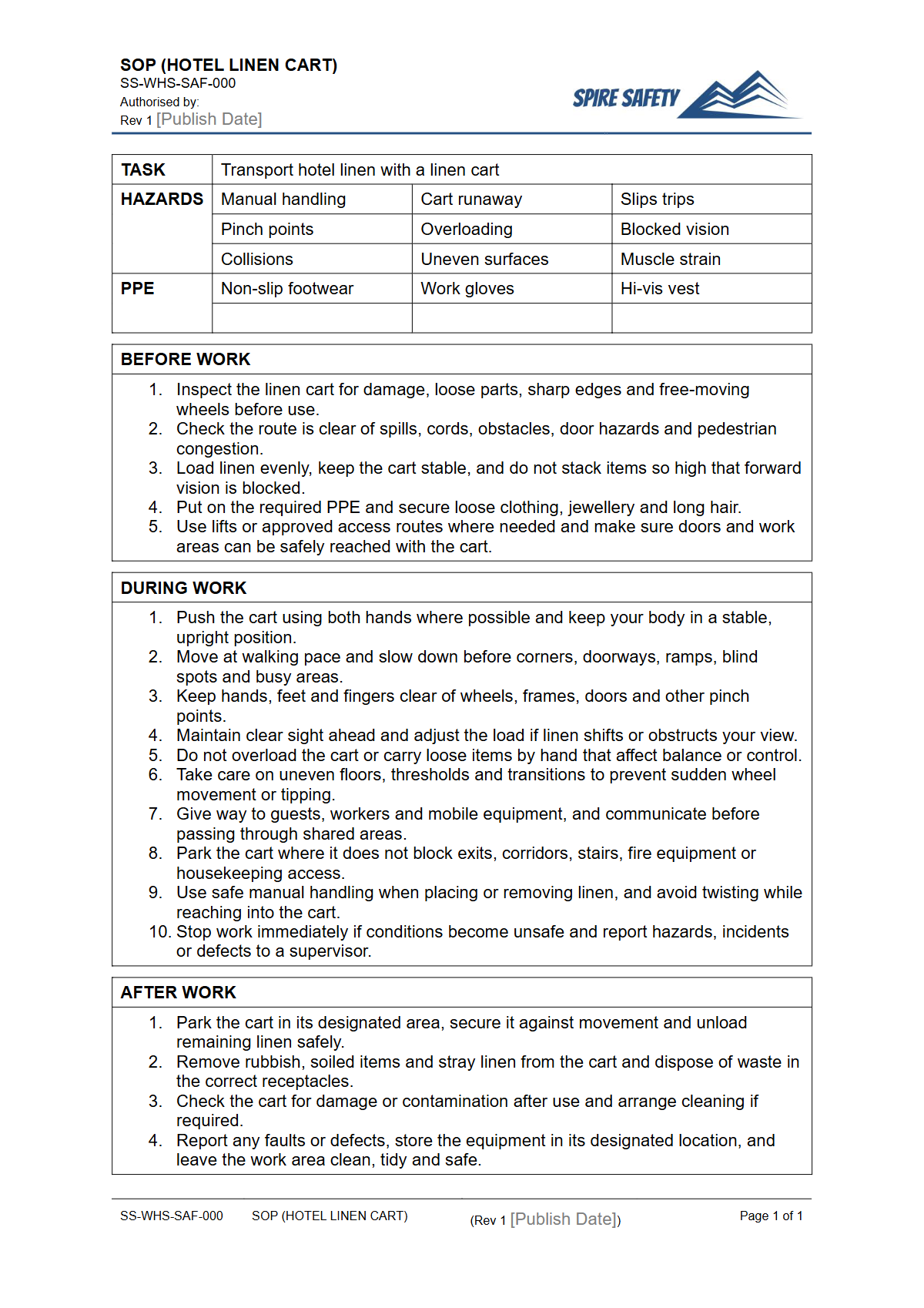 Free Safe Operating Procedure (Hotel Linen Cart) Template — document preview