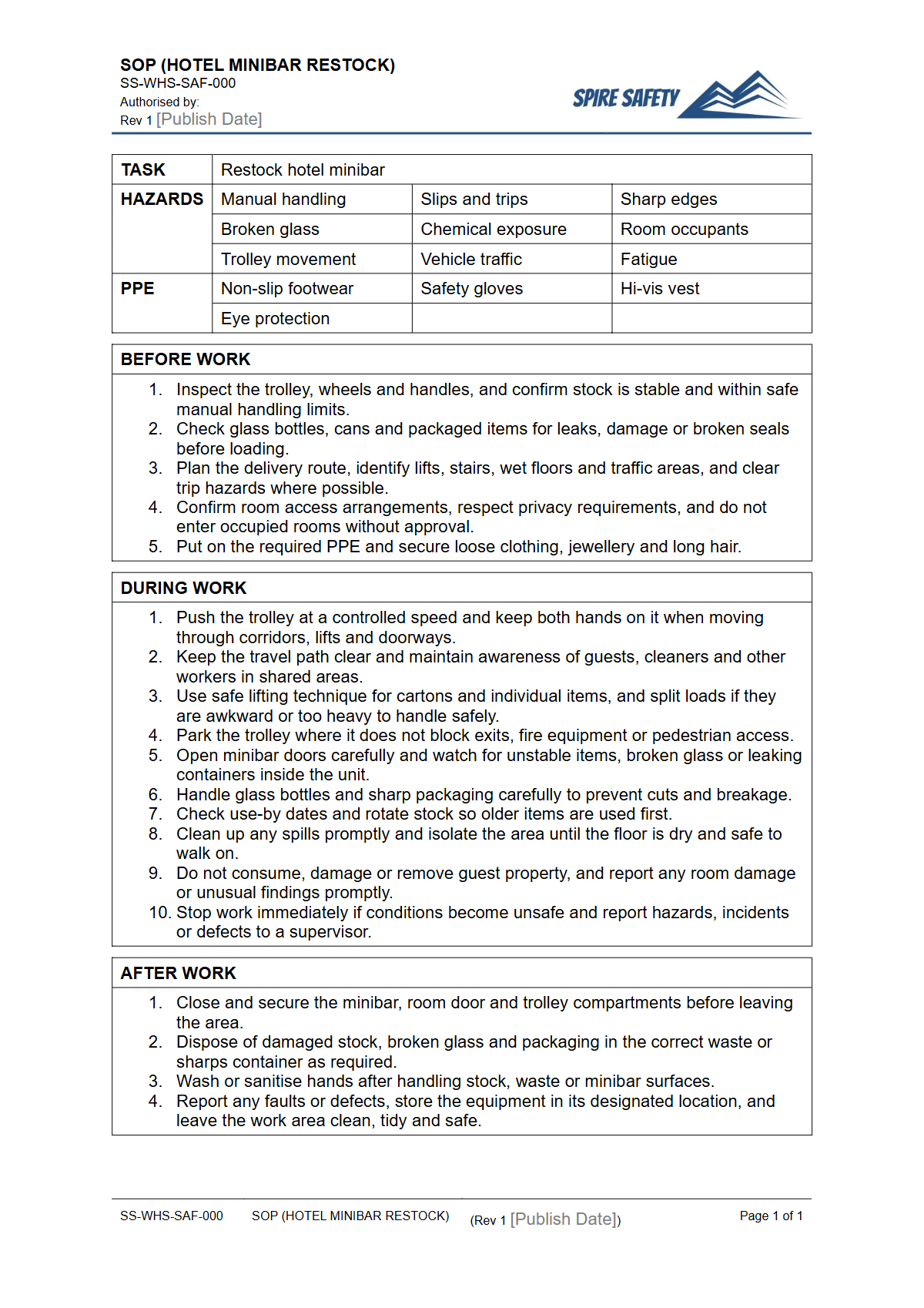 Free Safe Operating Procedure (Hotel Minibar Restock) Template — document preview