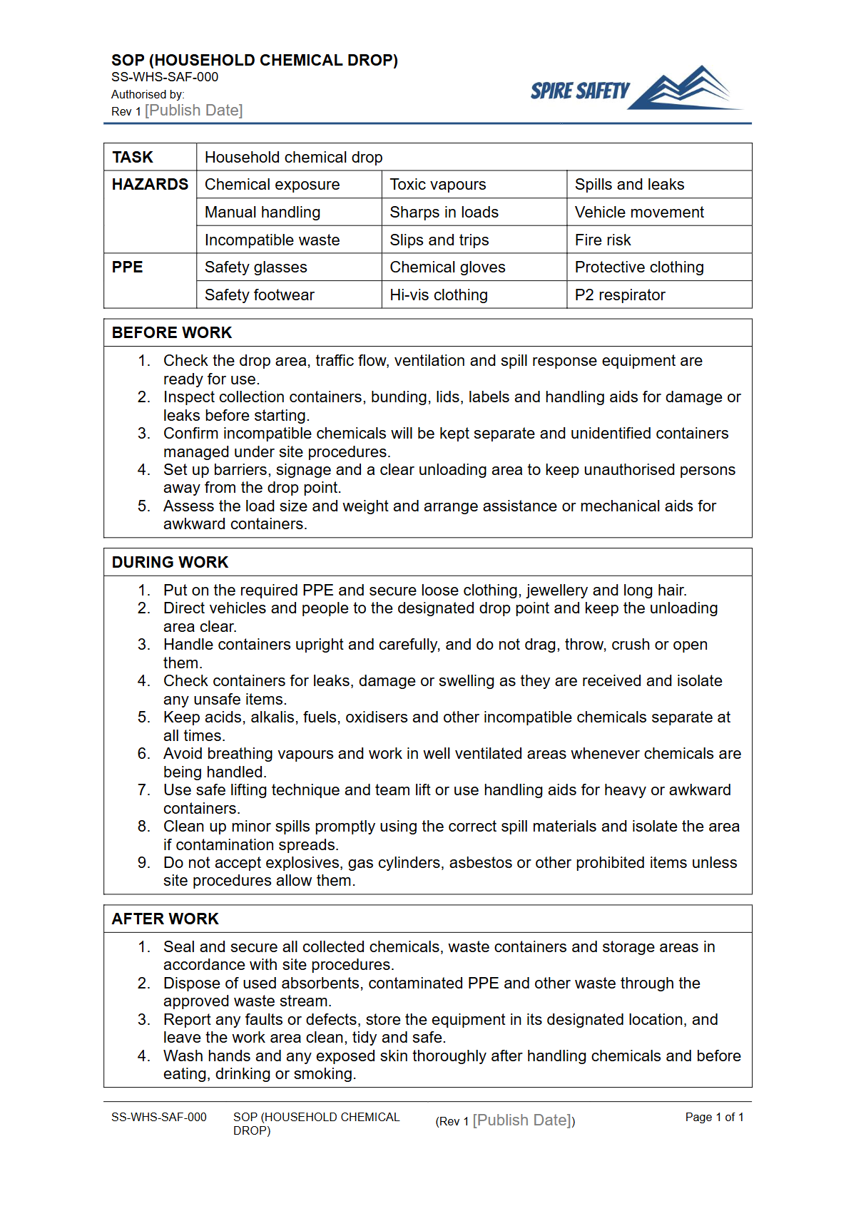 Free Safe Operating Procedure (Household Chemical Drop) Template — document preview