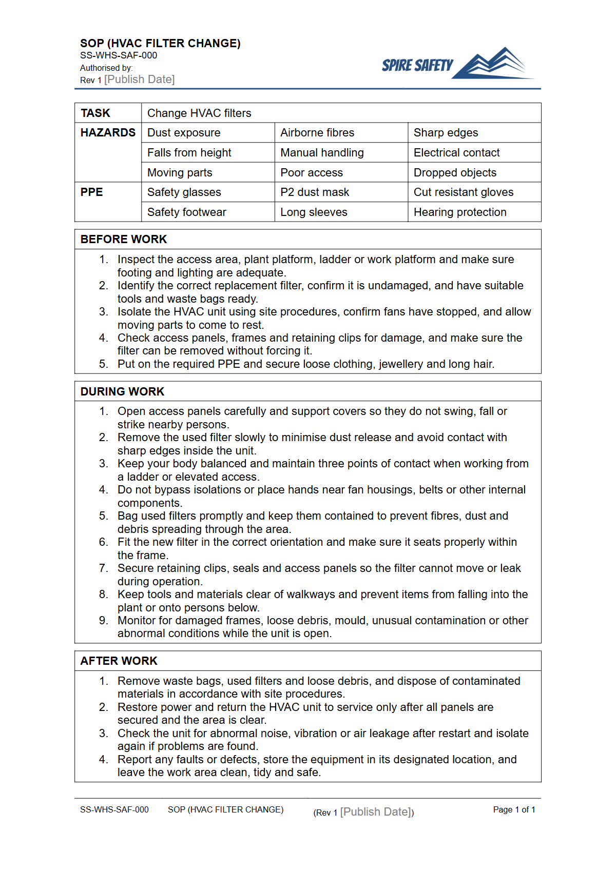 Free Safe Operating Procedure (HVAC Filter Change) Template — document preview