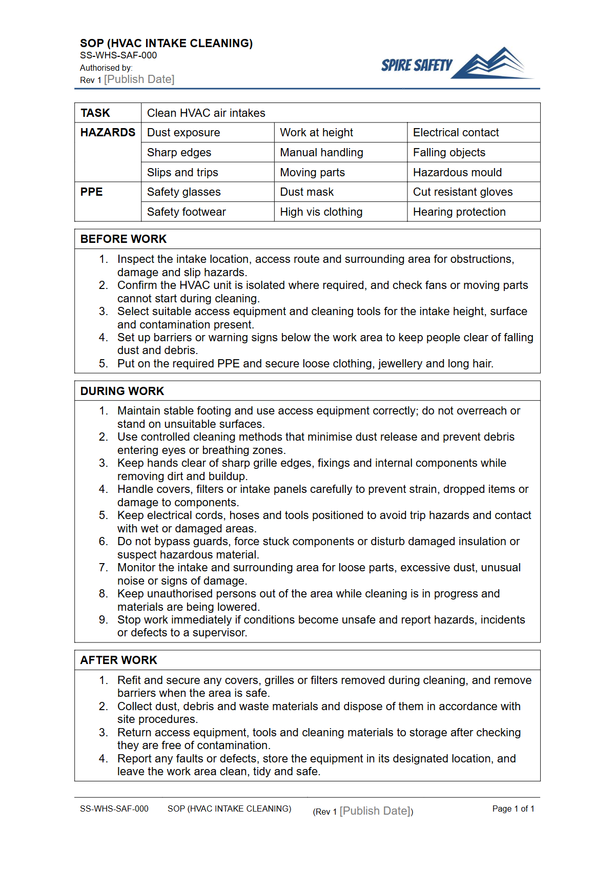 Free Safe Operating Procedure (HVAC Intake Cleaning) Template — document preview
