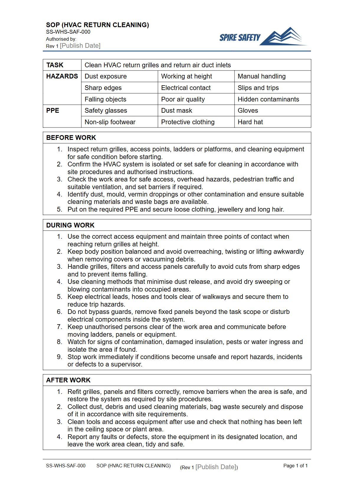Free Safe Operating Procedure (HVAC Return Cleaning) Template — document preview