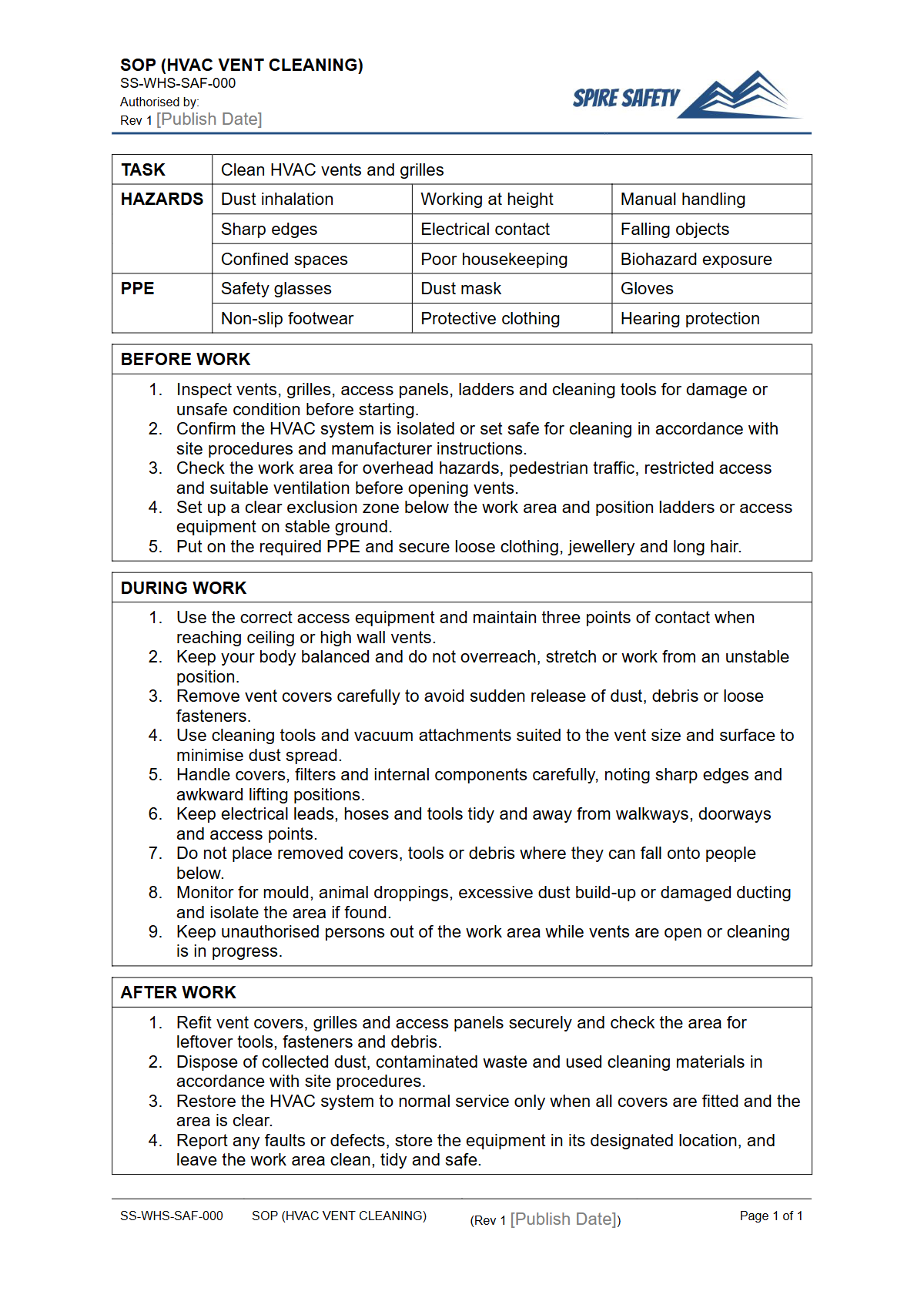 Free Safe Operating Procedure (HVAC Vent Cleaning) Template — document preview