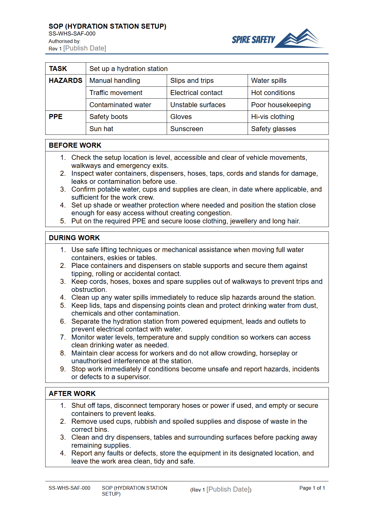 Free Safe Operating Procedure (Hydration Station Setup) Template — document preview