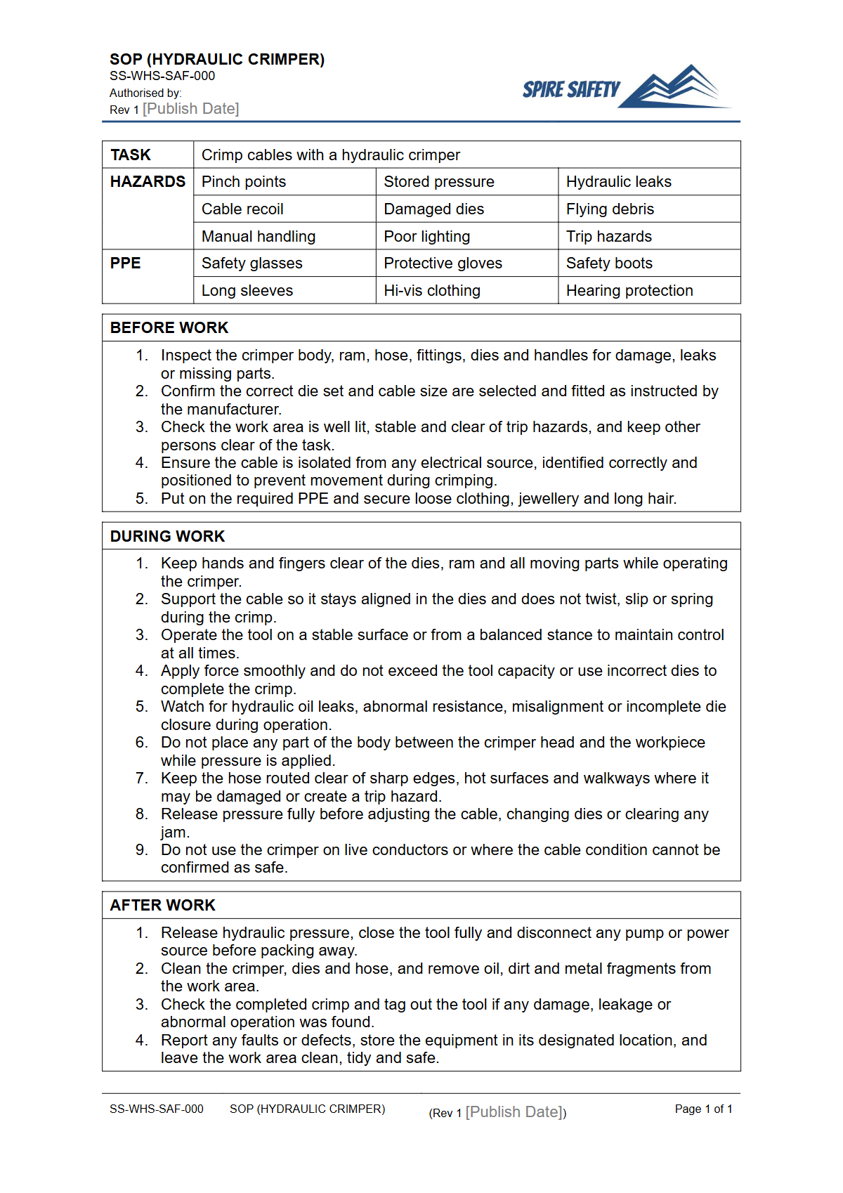 Free Safe Operating Procedure (Hydraulic Crimper) Template — document preview