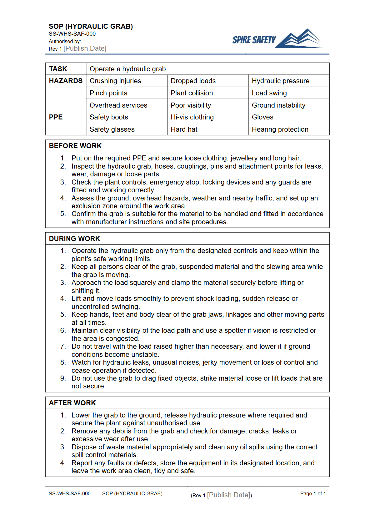 Free Safe Operating Procedure (Hydraulic Grab) Template — document preview