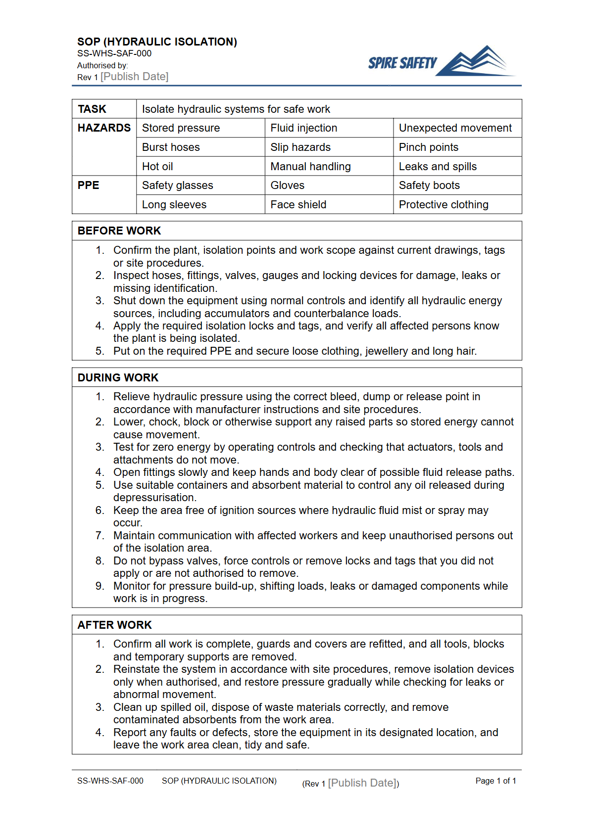 Free Safe Operating Procedure (Hydraulic Isolation) Template — document preview