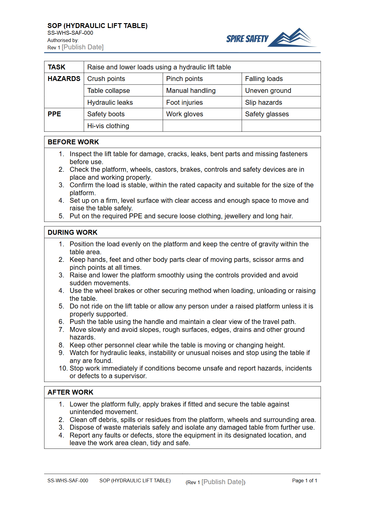 Free Safe Operating Procedure (Hydraulic Lift Table) Template — document preview