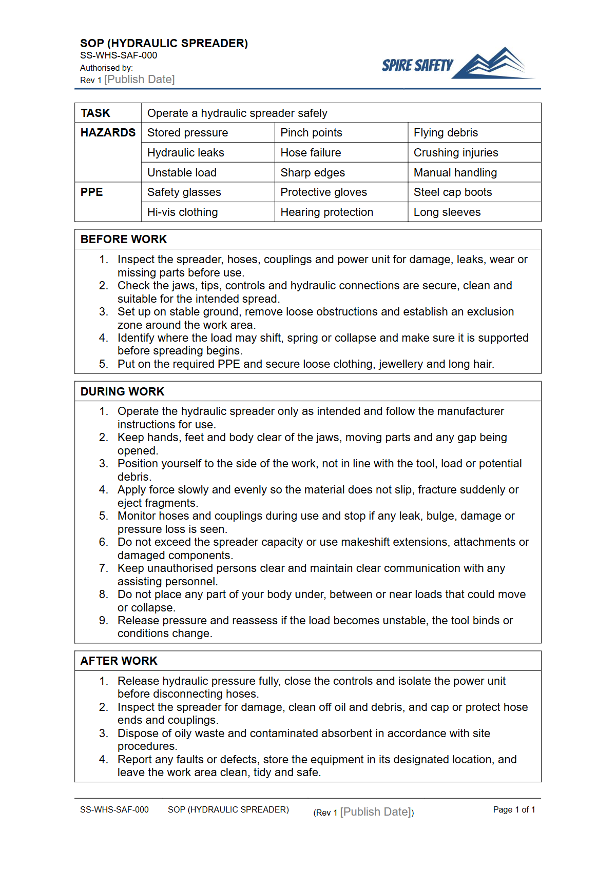 Free Safe Operating Procedure (Hydraulic Spreader) Template — document preview