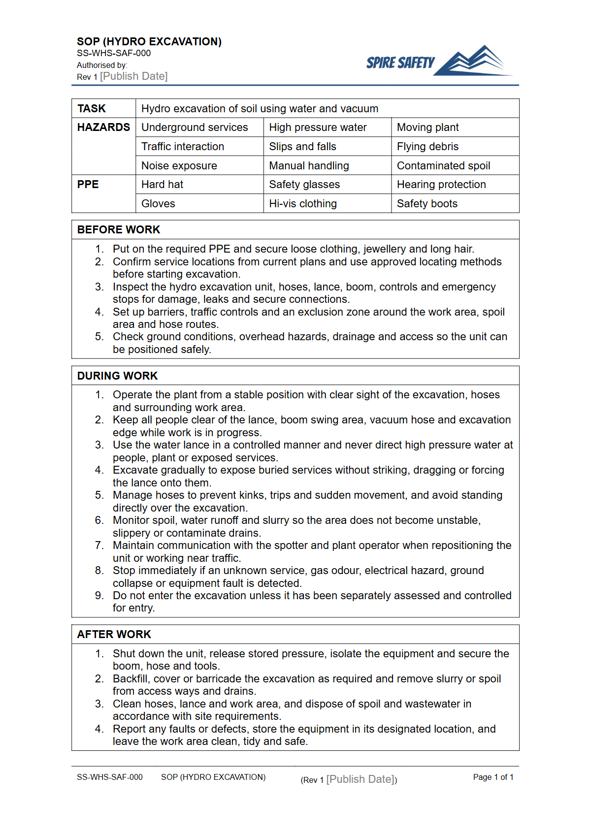 Free Safe Operating Procedure (Hydro Excavation) Template — document preview